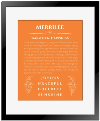 Merrilee personalized name meaning print in orange with black matte frame