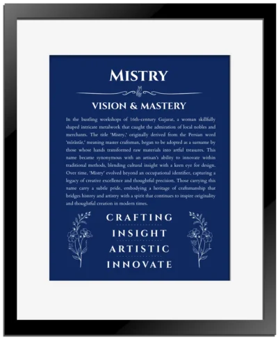 Mistry custom wall art with name meaning in deep blue with black matte frame