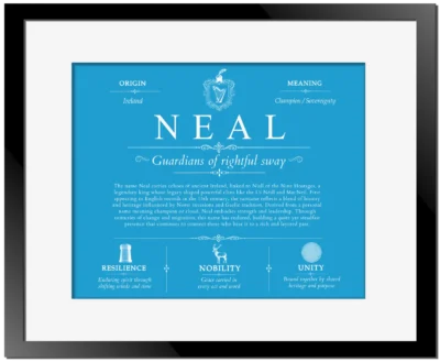 Neal last name origin and heritage in Blue with Black Matte Frame