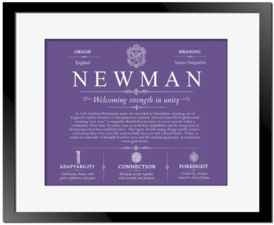 Newman surname origin and history in Purple with Black Matte Frame