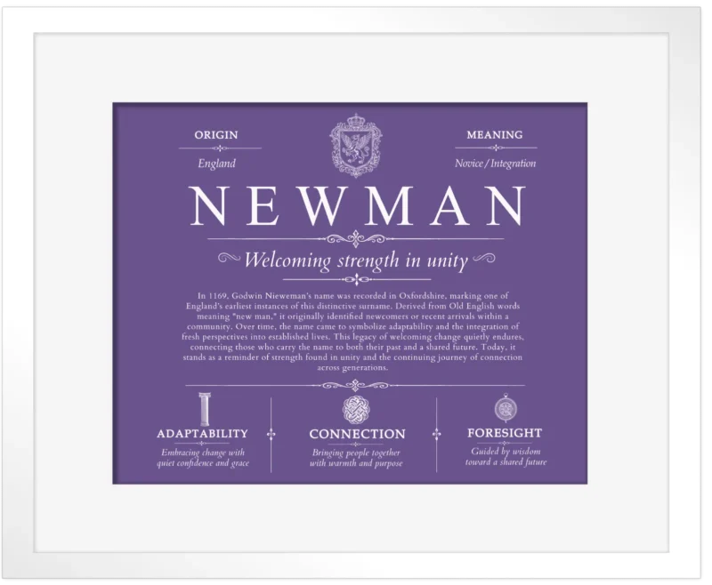 Newman surname origin and history in Purple with White Matte Frame