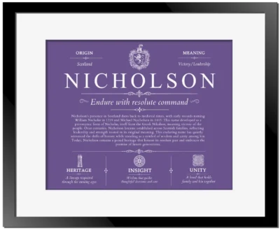 Nicholson personalized last name meaning in Purple with Black Matte Frame
