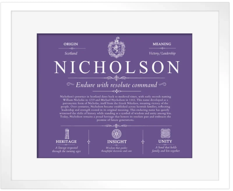 Nicholson personalized last name meaning in Purple with White Matte Frame
