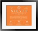 Nieves last name history and origin in Orange with Black Matte Frame