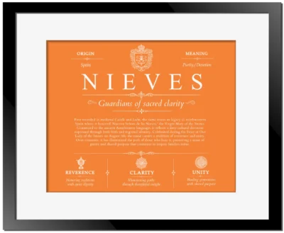 Nieves last name history and origin in Orange with Black Matte Frame