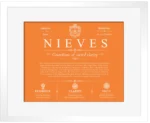 Nieves last name history and origin in Orange with White Matte Frame