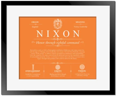 Nixon personalized surname meaning in Orange with Black Matte Frame