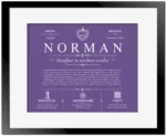 Norman family name history in Purple with Black Matte Frame