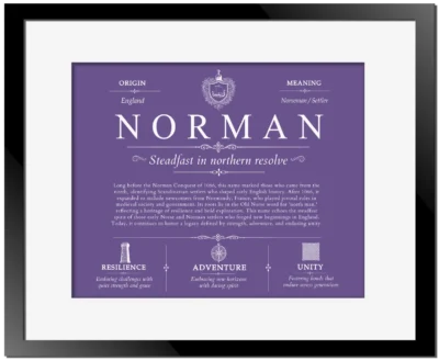 Norman family name history in Purple with Black Matte Frame
