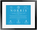 Norris family name heritage in Blue with Black Matte Frame