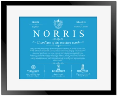 Norris family name heritage in Blue with Black Matte Frame