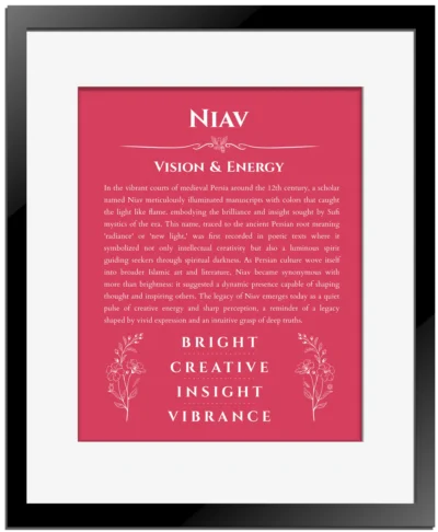 Niav Name Meaning & Origin Gift in Red with Black Matte Frame