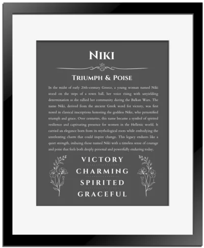 Niki personalized name meaning print in gray with black matte frame