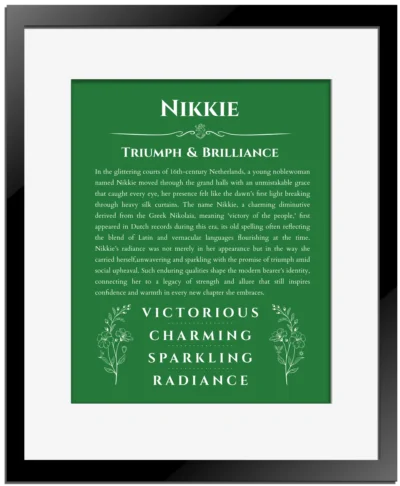 Nikkie custom wall art with name meaning in dark green with black matte frame
