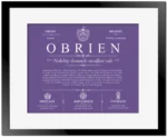 Obrien last name meaning and origin in Purple with Black Matte Frame