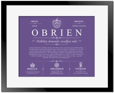 Obrien last name meaning and origin in Purple with Black Matte Frame