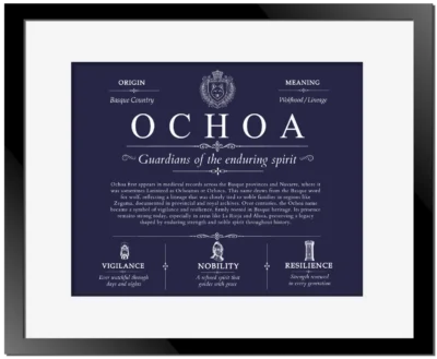 Ochoa last name origin and heritage in Navy Blue with Black Matte Frame