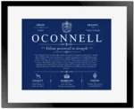 Oconnell surname meaning and heritage in Deep Blue with Black Matte Frame