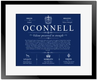 Oconnell surname meaning and heritage in Deep Blue with Black Matte Frame