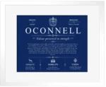 Oconnell surname meaning and heritage in Deep Blue with White Matte Frame