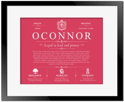 Oconnor last name history and origin in Red with Black Matte Frame