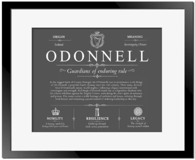 Odonnell surname origin and family heritage in Gray with Black Matte Frame