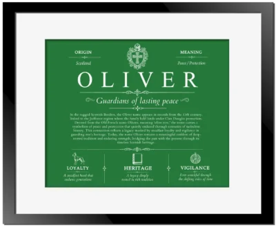 Oliver surname meaning origin and heritage in Dark Green with Black Matte Frame