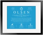 Olsen surname heritage and history in Blue with Black Matte Frame