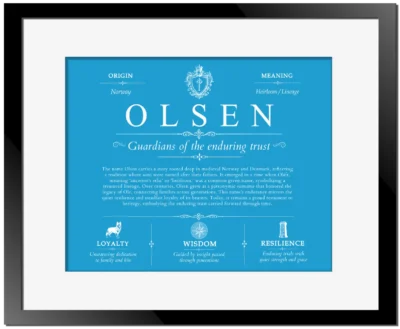 Olsen surname heritage and history in Blue with Black Matte Frame