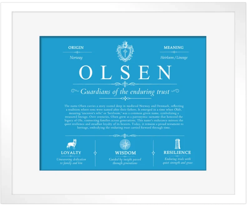 Olsen surname heritage and history in Blue with White Matte Frame