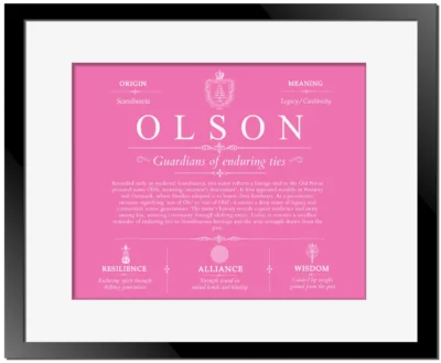 Olson surname meaning and heritage in Pink with Black Matte Frame