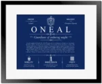 Oneal surname origin and family heritage in Deep Blue with Black Matte Frame