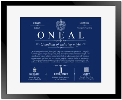 Oneal surname origin and family heritage in Deep Blue with Black Matte Frame