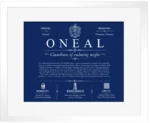 Oneal surname origin and family heritage in Deep Blue with White Matte Frame