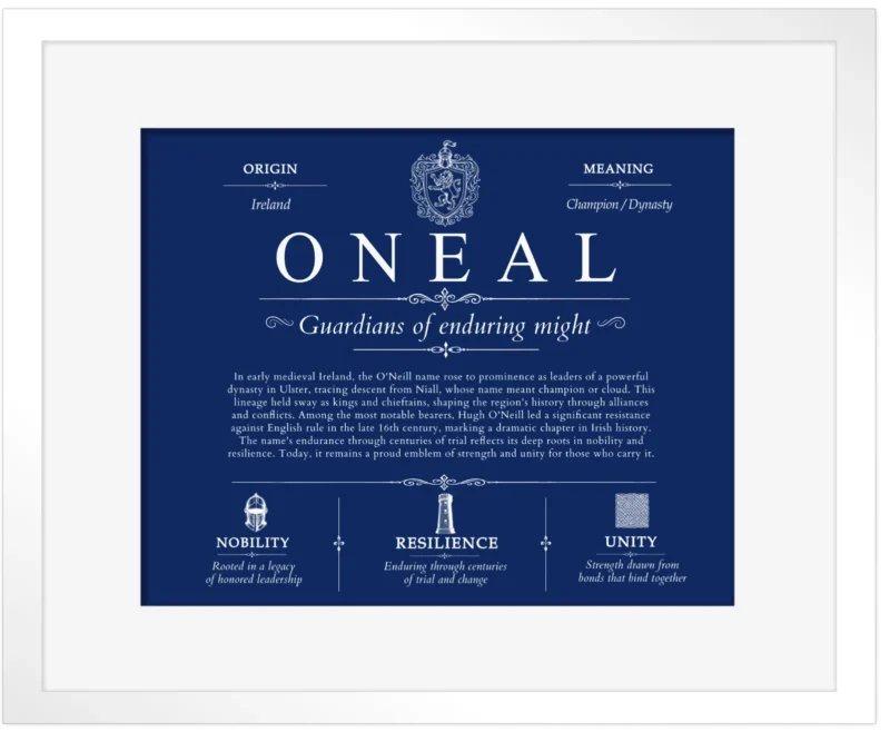 Oneal surname origin and family heritage in Deep Blue with White Matte Frame