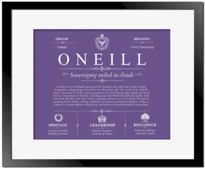 Oneill surname origin and family heritage in Purple with Black Matte Frame
