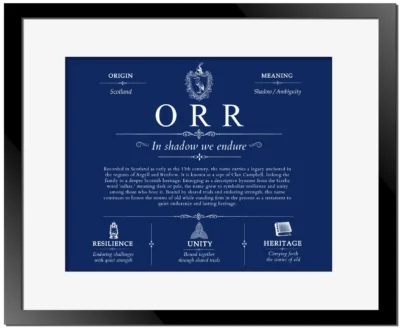 Orr family name heritage in Deep Blue with Black Matte Frame
