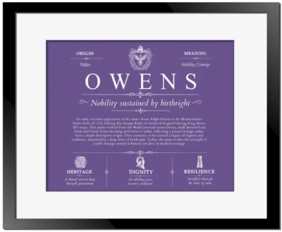 Owens personalized last name meaning in Purple with Black Matte Frame