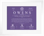 Owens personalized last name meaning in Purple with White Matte Frame