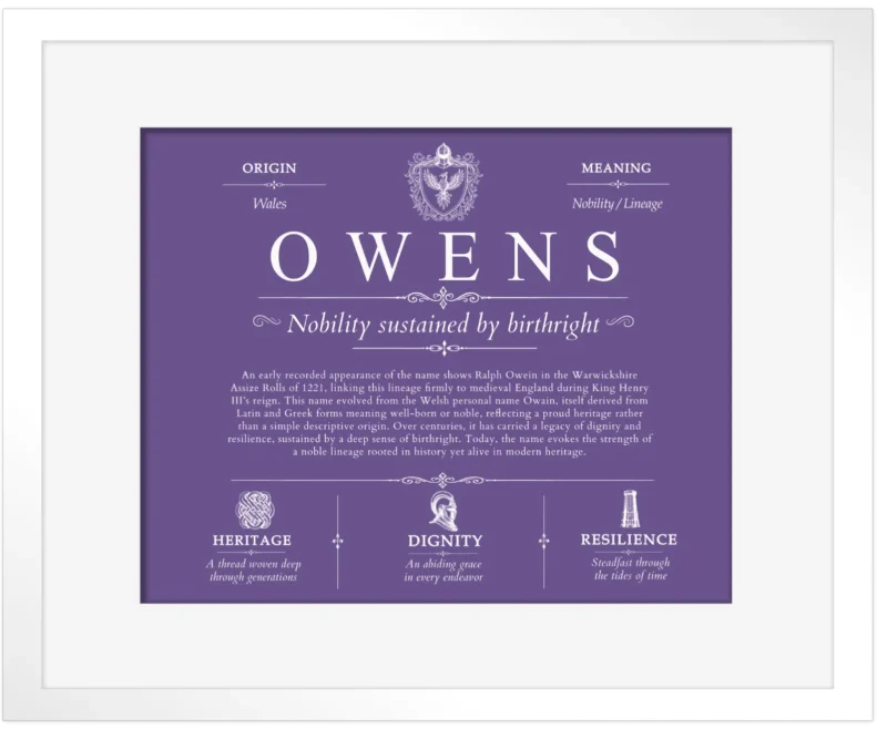 Owens personalized last name meaning in Purple with White Matte Frame