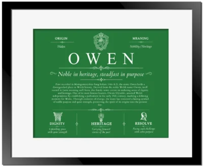 Owen last name meaning and origin in Dark Green with Black Matte Frame