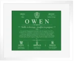 Owen last name meaning and origin in Dark Green with White Matte Frame Owen last name meaning and origin in Dark Green with White Matte Frame
