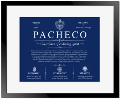 Pacheco personalized last name meaning in Deep Blue with Black Matte Frame