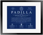 Padilla surname meaning and heritage in Deep Blue with Black Matte Frame