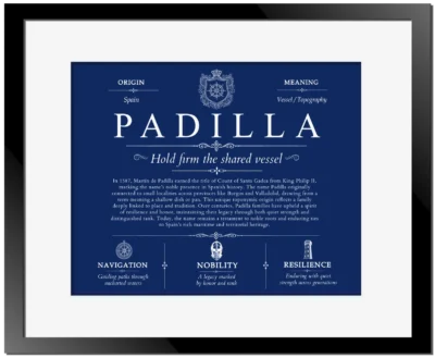 Padilla surname meaning and heritage in Deep Blue with Black Matte Frame