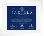 Padilla surname meaning and heritage in Deep Blue with White Matte Frame