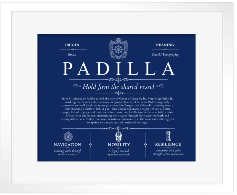 Padilla surname meaning and heritage in Deep Blue with White Matte Frame