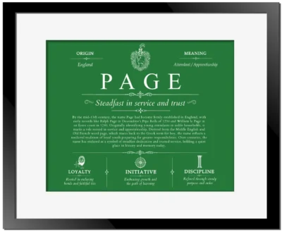Page surname history and heritage in Dark Green with Black Matte Frame