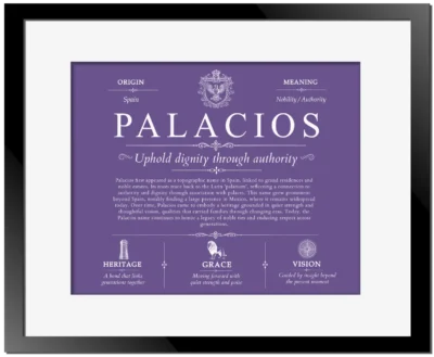 Palacios surname history and family heritage in Purple with Black Matte Frame