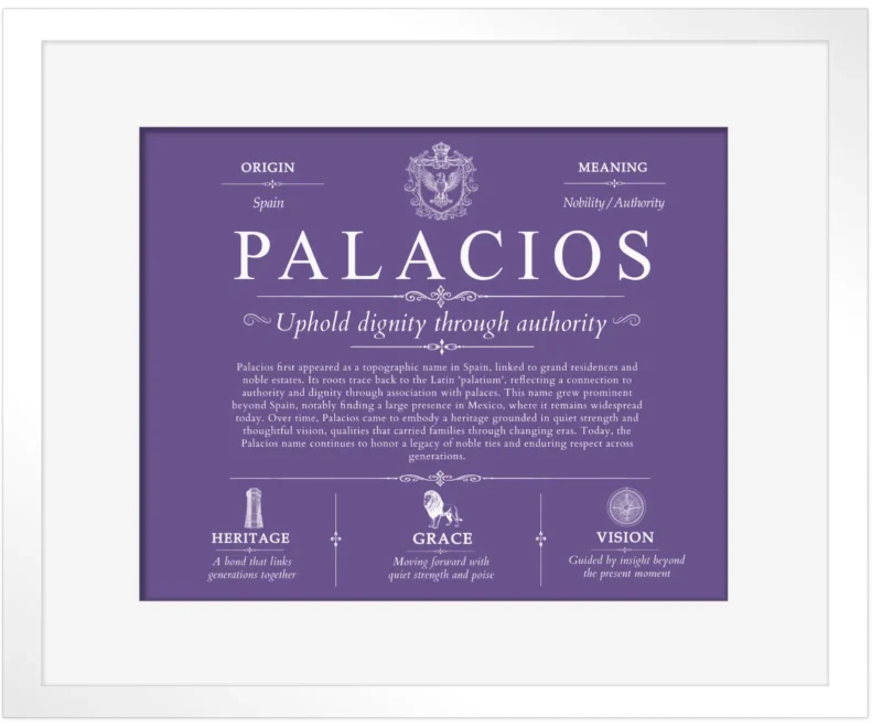 Palacios surname history and family heritage in Purple with White Matte Frame